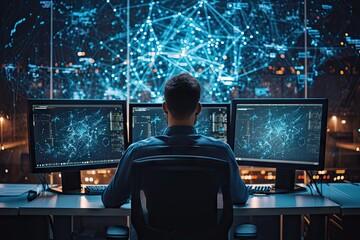 Digital guardian. Professional cybersecurity specialist monitoring dark room with computer servers ensuring security and integrity of information in futuristic technological facility
