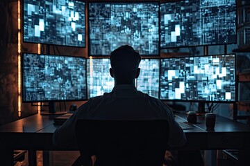 Fototapeta premium Digital guardian. Professional cybersecurity specialist monitoring dark room with computer servers ensuring security and integrity of information in futuristic technological facility