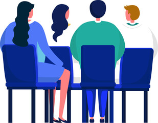 Three people sitting in a row, two women and a man in the middle. People in a meeting or audience setting. Professional group listening vector illustration.