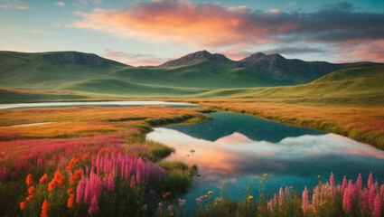 Fototapeta premium A breathtaking landscape of hills and bright wildflowers, as well as a crystal clear lake. generative AI
