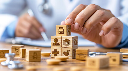 Doctor Hand Arranging Wood Blocks in Healthcare and Medical, Professional Healthcare Arranging for Medical Diagnosis, Medical Specialist's Handcraft: Arranging for Diagnosis and Treatment