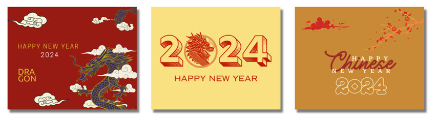 Naklejka premium A Collection of Vibrant Illustrations Celebrating the Lunar New Year 2024. Chinese New year. Year of Dragon