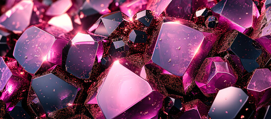 Luxurious shimmering pink and black gemstones with geometric facets, creating a vibrant mosaic of sparkling crystals - obrazy, fototapety, plakaty