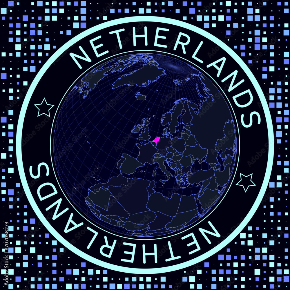 Poster futuristic satellite view of the world centered on the netherlands. geographical illustration with t