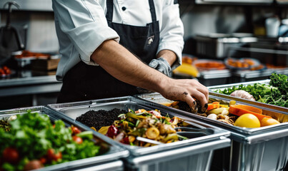 Chef in a commercial kitchen practicing sustainability by sorting biodegradable organic waste for composting, highlighting food industry's commitment to eco-friendly trash management