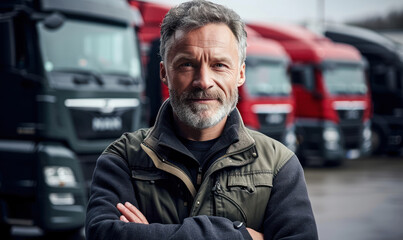 Confident Senior Truck Fleet Owner Standing Proudly in Front of His Trucks, Representing Successful Logistic and Transport Business - obrazy, fototapety, plakaty