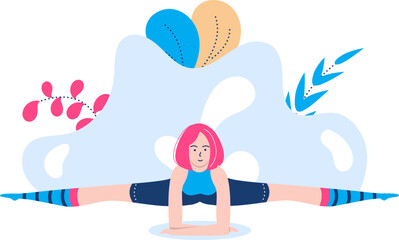 Obraz premium Female cartoon character performing yoga splits. Pink haired woman doing fitness exercise in abstract background. Wellness and flexibility concept vector illustration.