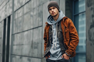 Stylish male fashion model in urban streetwear