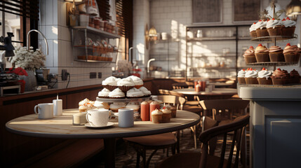 Cozy restaurant with realistic cupcakes neutral pale