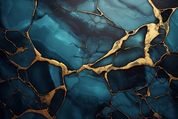 Abstract marble teal blue and gold vein. Blue marble texture luxury background