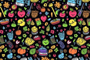 Cartoon cute doodles of doodle elements like school bells, chalkboards, and apples, creating a nostalgic and educational seamless pattern, Generative AI