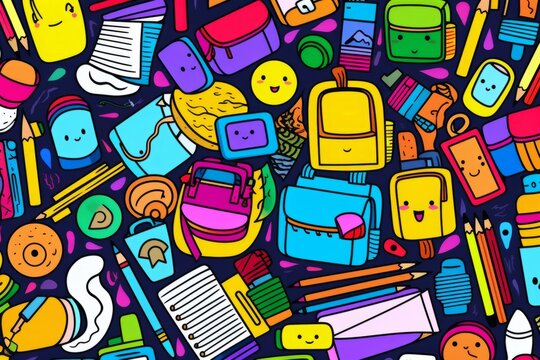 Cartoon cute doodles of school supplies such as pencils, notebooks, and backpacks forming a charming seamless pattern, Generative AI