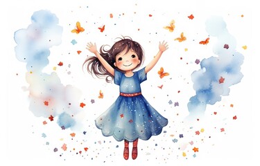 watercolor illustration, cheerful happy girl play with butterfly,  isolated on white background, Generative Ai