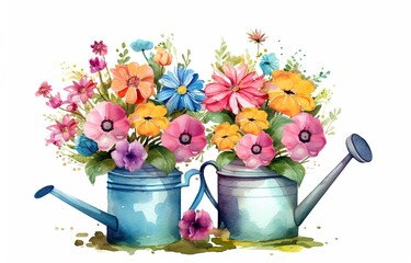 watercolor illustration of cute spring flowers in watering can, Generative Ai