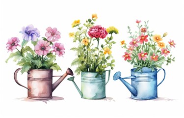 Naklejka na ściany i meble watercolor illustration of cute spring flowers in watering can, Generative Ai