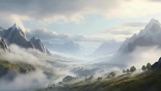 a mist flowing though the mountains , beautiful landscape ,ultra realistic , generated by AI