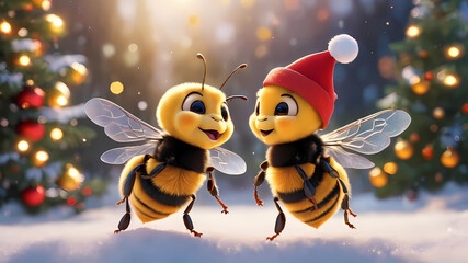 4d photographic image of two full body images of super cute little chibi bees wearing red Santa hats, realistic, buzzing around a snowy-covered Christmas tree with presents underneath, vivid colors oc - Powered by Adobe