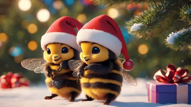 4d photographic image of two full body images of super cute little chibi bees wearing red Santa hats, realistic, buzzing around a snowy-covered Christmas tree with presents underneath, vivid colors oc