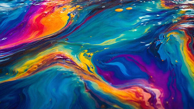 A vibrant rainbow of colors swirl and blend in a mesmerizing dance, as oil evaporates into the deep blue waters below. The surface shimmers with a glossy sheen, while below, the colors take on a dream