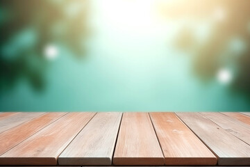 Focus on a wooden boardwalk next to turquoise water