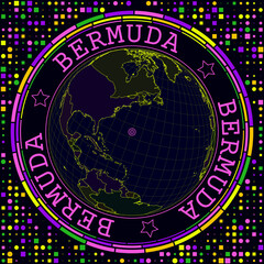 Futuristic Bermuda on globe. Bright neon satelite view of the world centered to Bermuda. Geographical illustration with shape of country and geometric background. Vibrant vector illustration.