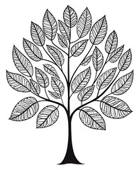 Ink drawing, black and white page, coloring page for children, a beautiful tree leaf, flowers and leaves, coloring for children, black and white, low details, thick outlines, isolated, white backgroun