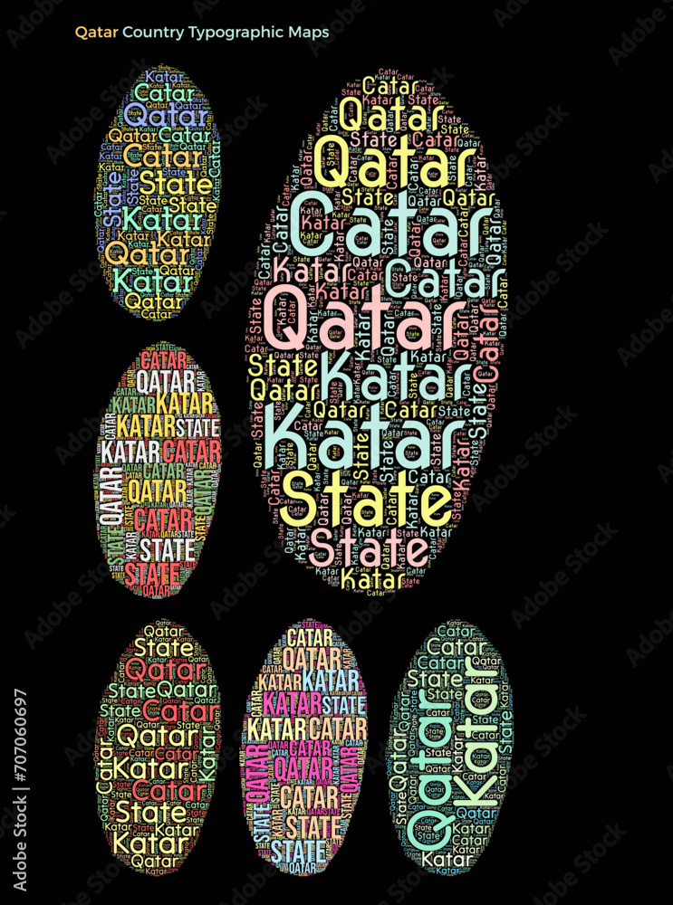 Poster qatar. set of typography style country illustrations. qatar map shape built of horizontal and vertic