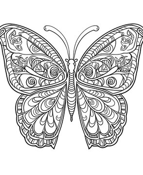 Ink drawing, black and white page, coloring page for children, a beautiful butterfly, flowers and leaves, coloring for children, black and white, low details, thick outlines, isolated, white backgroun