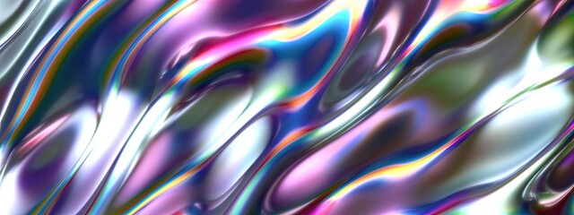 Chrome Rainbow Reflection Metal Wavy Surface Liquid Paint Elegant Modern 3D Rendering Abstract Background