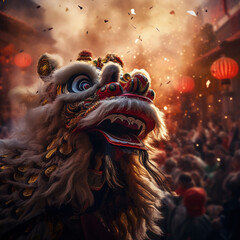 Chinese people are celebrating the New Year with firecrackers, dragon and lion dances