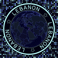 Lebanon on globe vector. Futuristic satelite view of the world centered to Lebanon. Geographical illustration with shape of country and squares background. Bright neon colors on dark background.