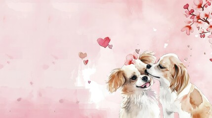 Watercolor of  couple of dog in love on pink background with copy space, valentine theme.