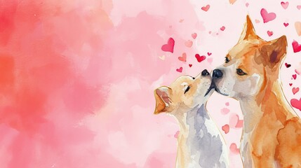 Watercolor of  couple of dog in love on pink background with copy space, valentine theme.