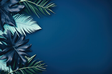 Uncover the art of nature with a Collection of tropical leaves Blue space background sets the stage for this stylish and creative botanical composition. ai generative