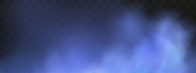 Blue magical fog over the ground.Illustration of night transparent clouds and fog over the river. Realistic neon magic mist steam on a transparent dark background.