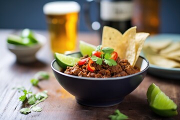 chili con carne with dark beer and lime wedge - obrazy, fototapety, plakaty