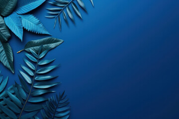 Dive into tropical beauty with a Collection of leaves Blue space background frames this botanical art. ai generative