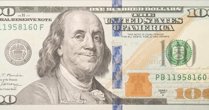 Benjamin Franklin on hundred dollar bill usd. Facial expressions of United States president. Smile face, happy. Funny character animation of the USA money. Finance Business Investment concept