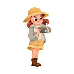 Obraz premium Cute Girl Character in Safari Outfit Standing with Camera Vector Illustration