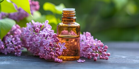 Blossoming lilac and bottle of essential oil or flower hydrolat. Spa background 