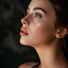 Fototapeta premium Beauty Model Portrait with plump Lip Makeup looking sideways, ai technology