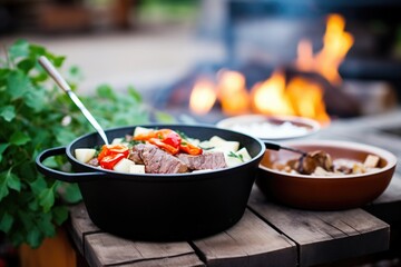 goulash in iron pot, wooden ladle, fire pit behind