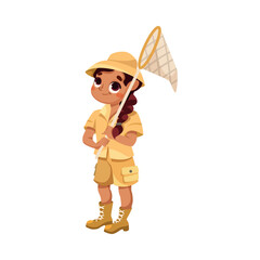 Cute Girl Character in Safari Outfit Standing with Catching Net Vector Illustration