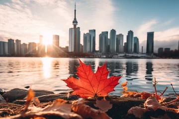 Fotobehang canada flag with the city of toronto in the background © Muhammad