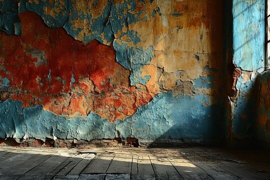 Old wall background, where the cracks, textures, and faded colors create a visually intriguing, Generative AI