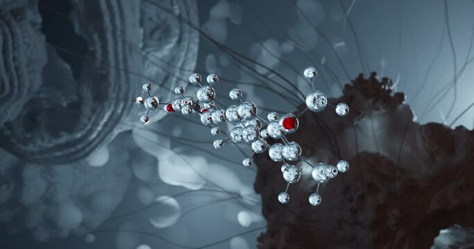 Acitretin rotating molecular 3d structure ball-and-stick model, looped video second-generation retinoid