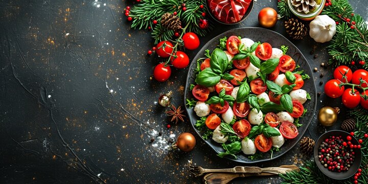 Caprese salad in the shape of christmas tree. Festive appetizer on dark table. Christmas table setting concept with salad caprese. Christmas background. Top view, Copy space 