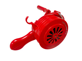 Hand operated siren, red, to signal an emergency, white background, isolated