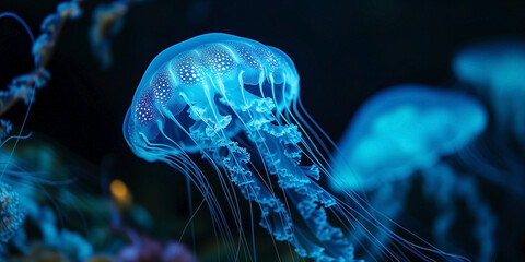 Beautiful blue transparent jellyfish on a dark background underwater