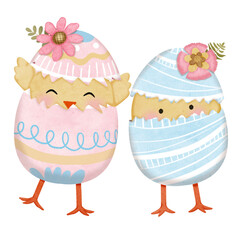 2 little chicks in painted Easter eggs